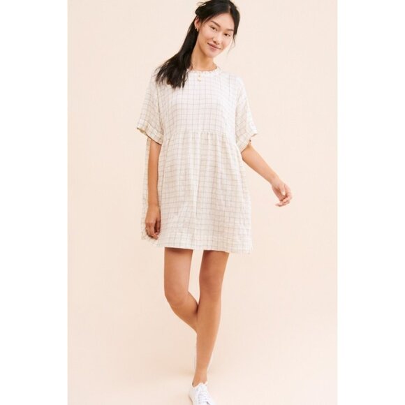 Urban Outfitters Dina Button Front Frock Dress Size XS/S White Window Pane Plaid - Picture 1 of 8
